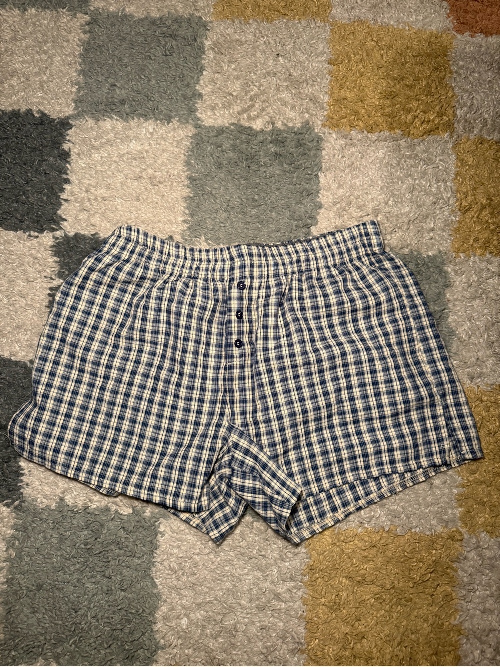 Women's Blue Plaid Cotton Lounge Shorts with Elastic Waist